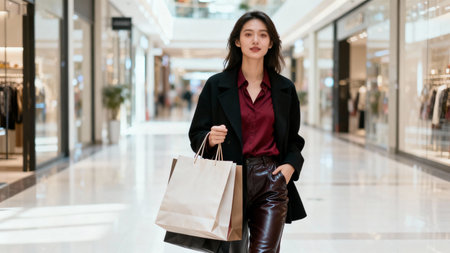 Beautiful asian woman holding shopping bags and walking in shopping mallの素材