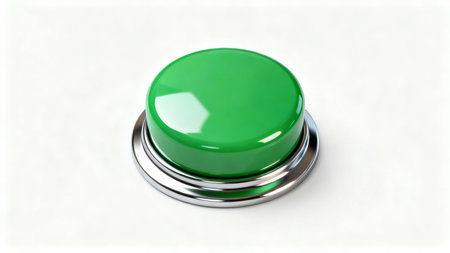 Green push button isolated on white background. 3d render illustration.の素材