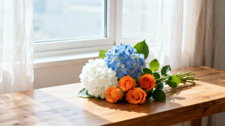 Bouquet of flowers on a wooden table near the window.の素材