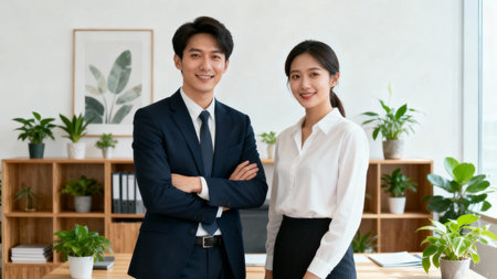 Portrait of smiling Asian businessman and businesswoman standing in modern office.の素材