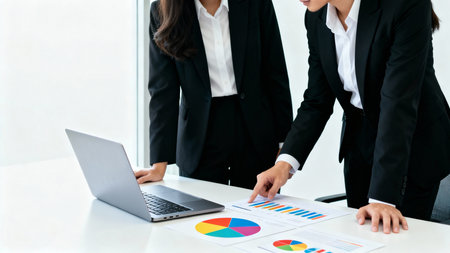 Business people discussing the charts and graphs showing the results of their successful teamworkの素材