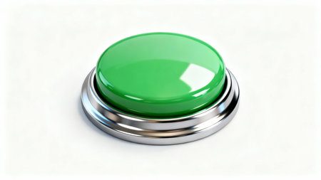 Green push button isolated on white background. 3d render illustration.の素材