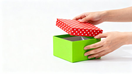 Woman's hands open a green gift box on a white background.の素材