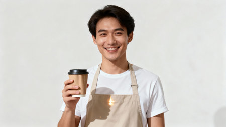 asian man in apron holding paper cup of coffee and smilingの素材