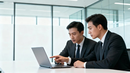 Business people talk project strategy at office meeting room. Businessman discuss project planning with colleagues at modern workplace while having conversation and advice on financial data report.の素材