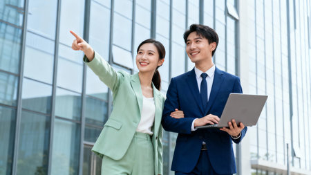 Young businessman and businesswoman holding laptop and pointing to something on the streetの素材