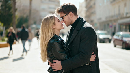Young couple in love walking in the city. A man and a woman hug each other.の素材