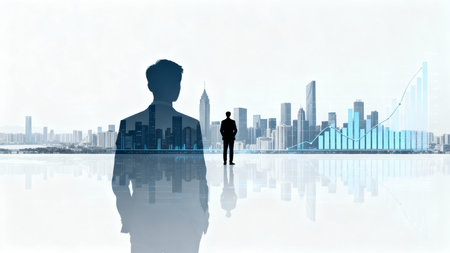 Silhouette of a businessman on the background of the modern cityの素材