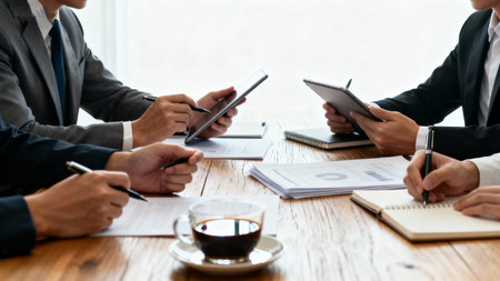 Group of business people discussing the charts and graphs showing the results of their successful teamworkの素材