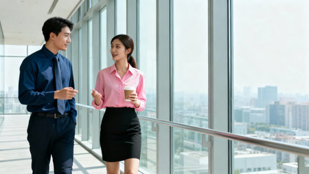 Asian businessman and businesswoman standing in office with coffee to go.の素材