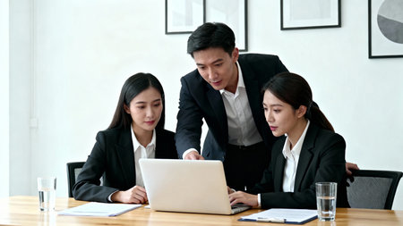 Group of business people working with laptop computer in meeting room at office.の素材