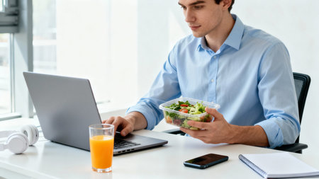 selective focus of young businessman eating salad and using laptop in officeの素材