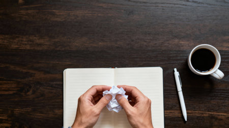 Man hand crumpling a piece of paper on a notebook with a cup of coffeeの素材