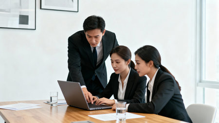 businessman and businesswoman working with laptop computer in modern office.の素材