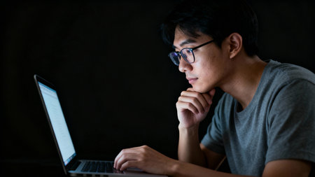 Young Asian man using laptop computer in dark room with copy space.の素材