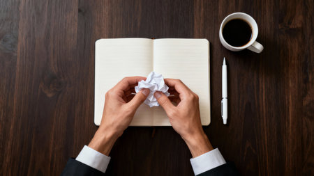 Top view of businessman writing on notebook with crumpled paper.の素材