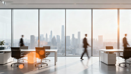 Business people walking in modern office with panoramic window and city view. 3D Renderingの素材