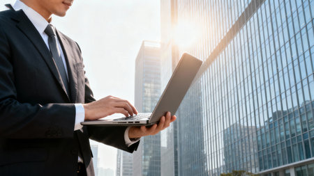 Businessman using laptop computer in modern city. Business and technology concept.の素材