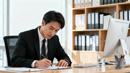 Asian businessman working with computer and documents in modern office. Business and finance concept.の素材