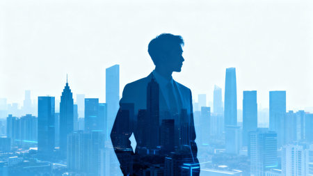 Silhouette of young businessman on abstract city background with double exposure of skyscrapers. Toned imageの素材