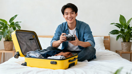 Happy asian man sitting on bed and holding camera, packing suitcase for travelの素材