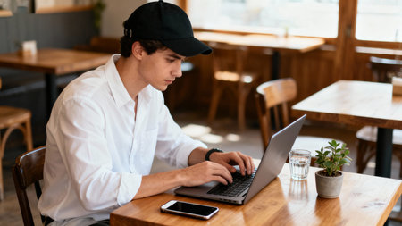 Portrait of young man in cap using laptop while sitting in cafeの素材