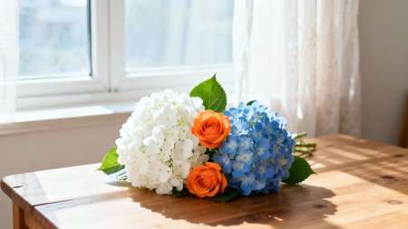Bouquet of hydrangeas and roses on a wooden tableの素材