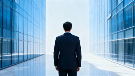 Businessman standing in front of a glass building and looking forward.の素材