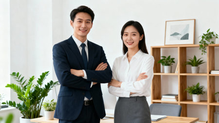 asian businessman and businesswoman standing with arms crossed in modern officeの素材