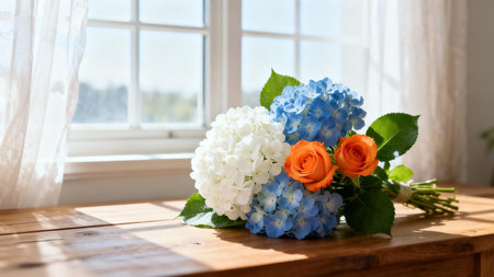Bouquet of blue and orange hydrangea flowers on the windowsillの素材