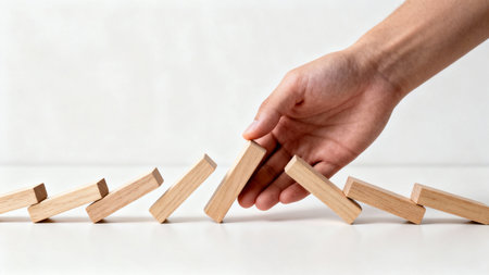 Hand stopping domino effect on white background, business solution concept.の素材