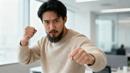 Angry asian man in casual clothes looking at camera while fighting in officeの素材