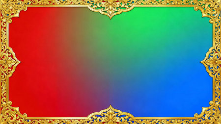 Golden frame on colorful gradient background. Copy space for your text.の素材