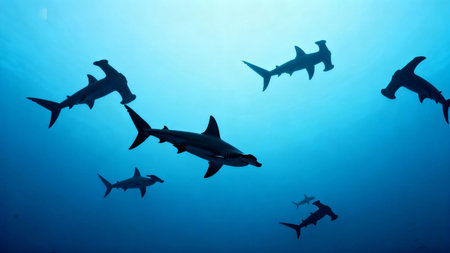 Silhouette of a group of sharks swimming in the blue oceanの素材