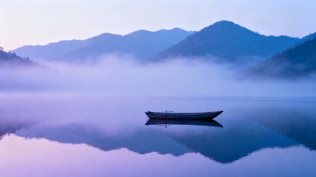 Foggy morning at the lake with boat and mountain background.の素材