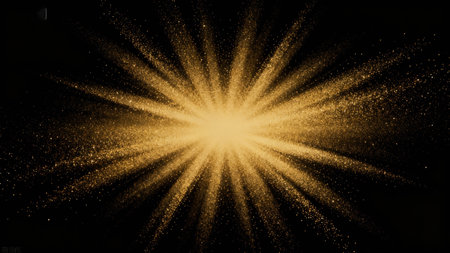 Abstract gold rays on black background. Golden glittering star burst with sparkles.の素材
