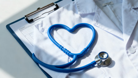 Doctors coat stethoscope and clipboardの素材