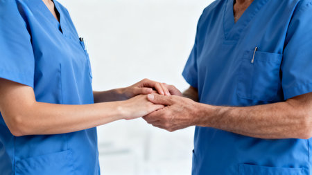 Two healthcare workers holding handsの素材