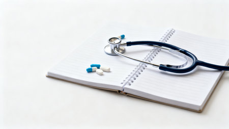 Stethoscope and pills on notebookの素材