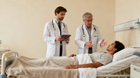 Doctors consulting with patient in hospital roomの素材