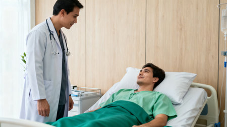 Doctor consulting patient in hospital roomの素材