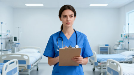 Nurse in hospital room with medical equipmentの素材