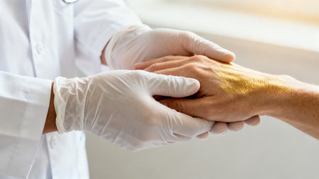 Doctor examining patients hand with creamの素材