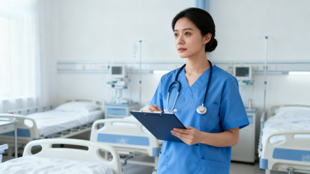 Female doctor in hospital roomの素材