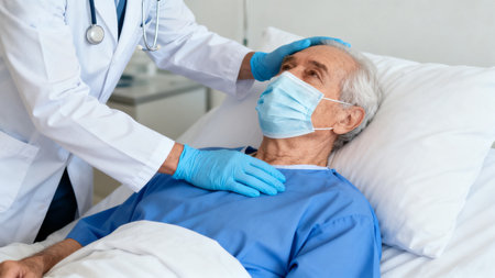 Doctor examining elderly patient in hospitalの素材