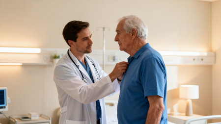 Doctor examining elderly patient in hospital roomの素材