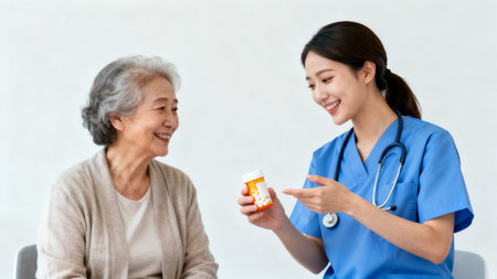 Nurse assisting elderly patient with medicationの素材