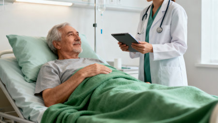 Elderly patient in hospital bed with doctorの素材