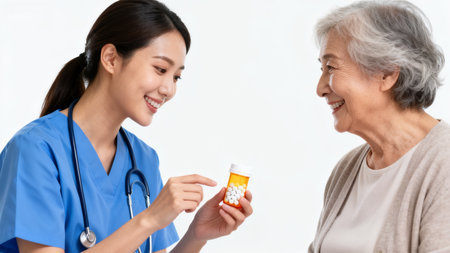 Nurse showing pills to elderly womanの素材