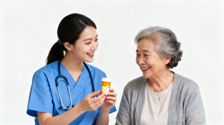 Nurse assisting elderly woman with medicationの素材